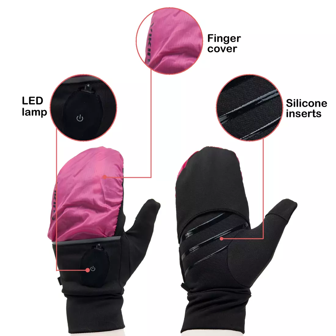 VIKING zimowe rękawiczki, LED, pokrowiec VERMONT 140/20/0011/42 różowo-czarne