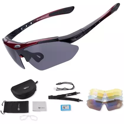 RockBros 10001 okulary rowerowe / sportowe z polaryzacją 5 soczewek wymiennych czarno-czerwone