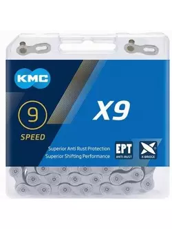 KMC X9 EPT łańcuch rowerowy 9 rzędowy, 114 ogniw, srebrny