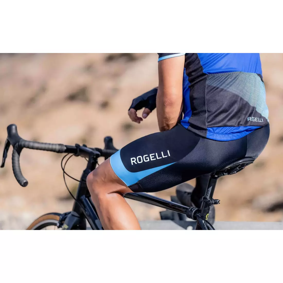 Rogelli FUSE II męskie spodenki rowerowe na szelkach, czarno-niebieskie
