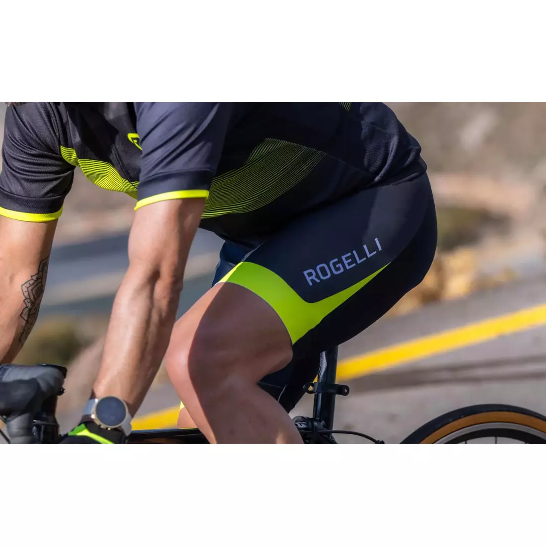 Rogelli FUSE II męskie spodenki rowerowe na szelkach, czarno-żółte