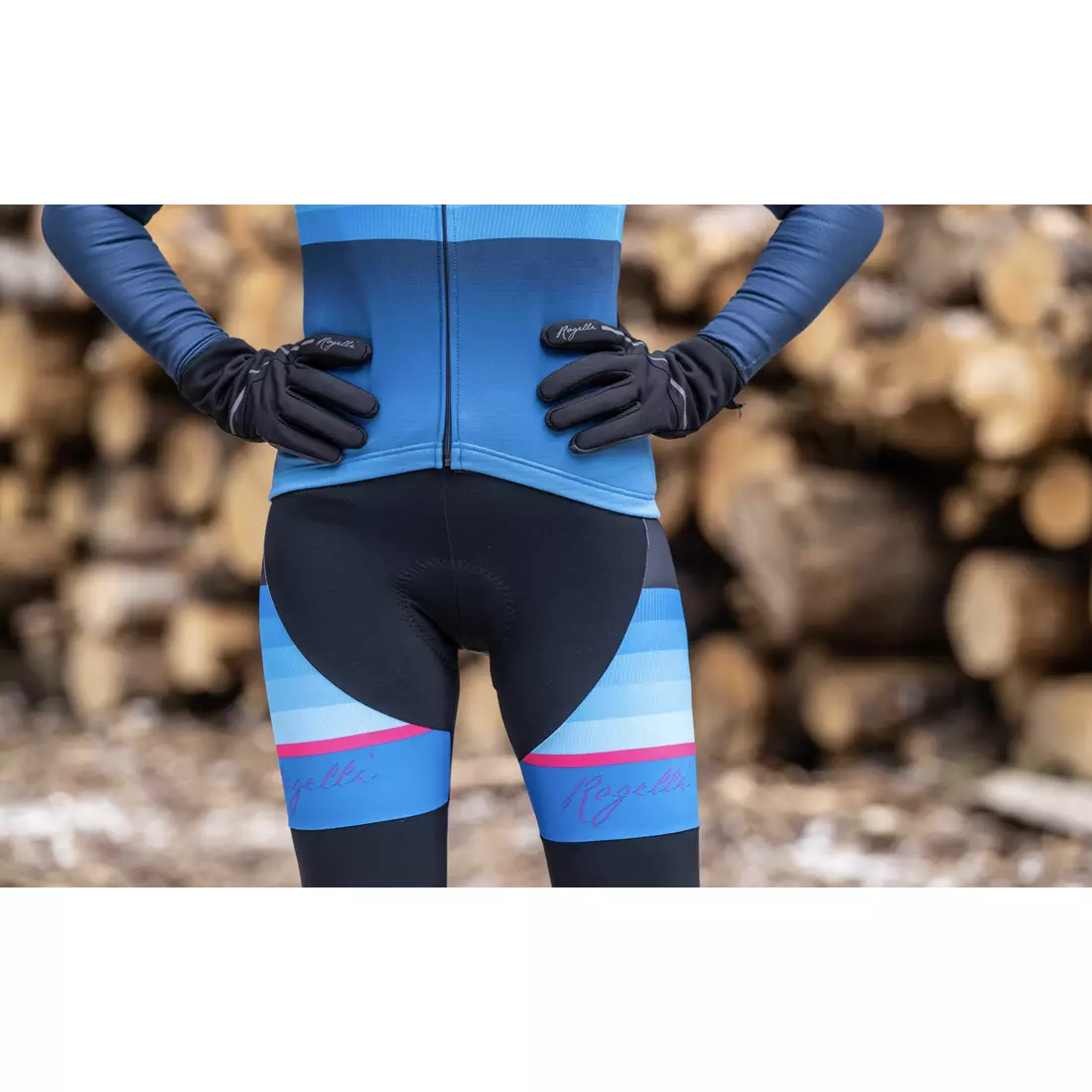 Rogelli ocieplane spodnie rowerowe damskie z szelkami IMPRESS II niebiesko-różowe