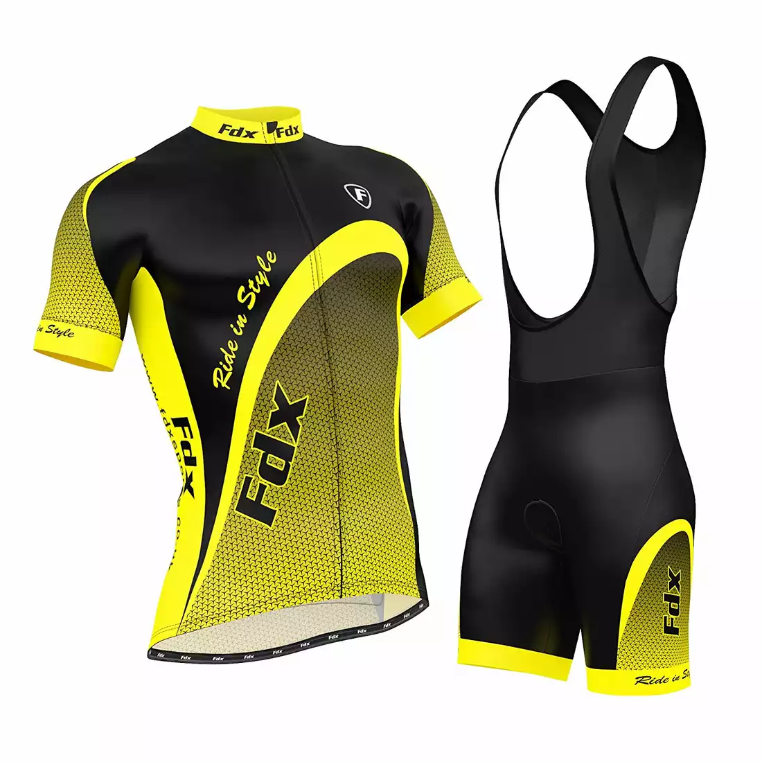 FDX 1010 letni zestaw rowerowy koszulka + spodenki na szelce czarno-żółty
